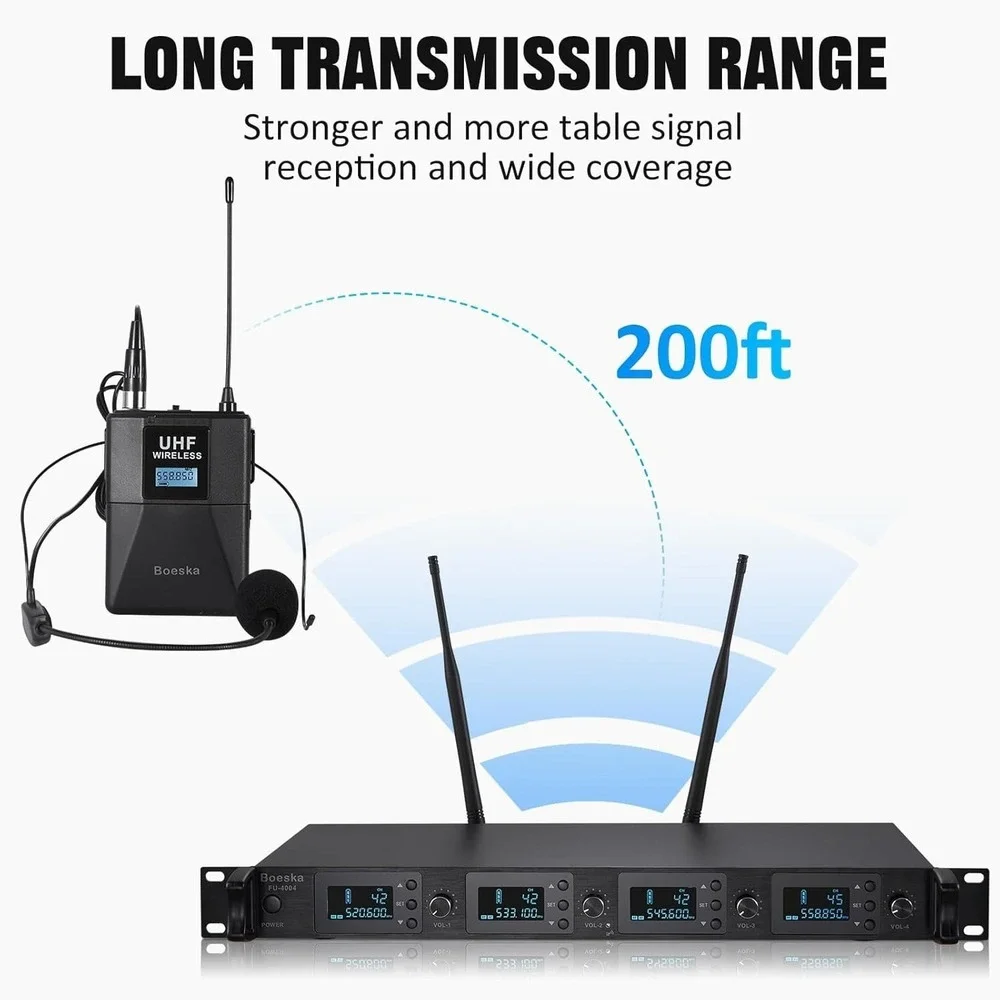 Boeska Wireless Microphone System 4 Channel UHF 4 Lavalier Lapel Headset
